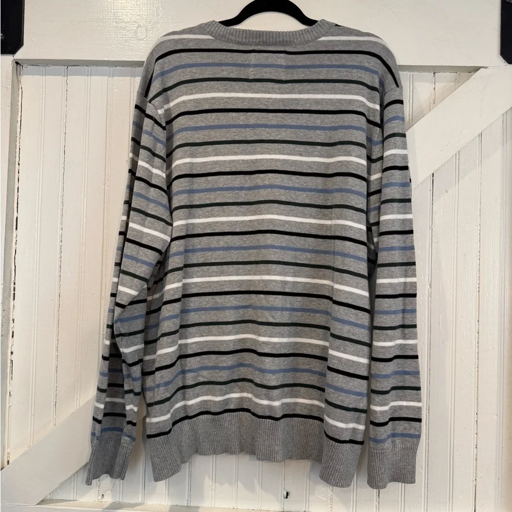 NWT Striped V-Neck Sweater XXL Gray Blue Black Lightweight Pullover